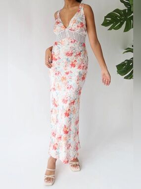 Grey bandit Floral V-Neck Maxi Dress in Coral & Blue size large